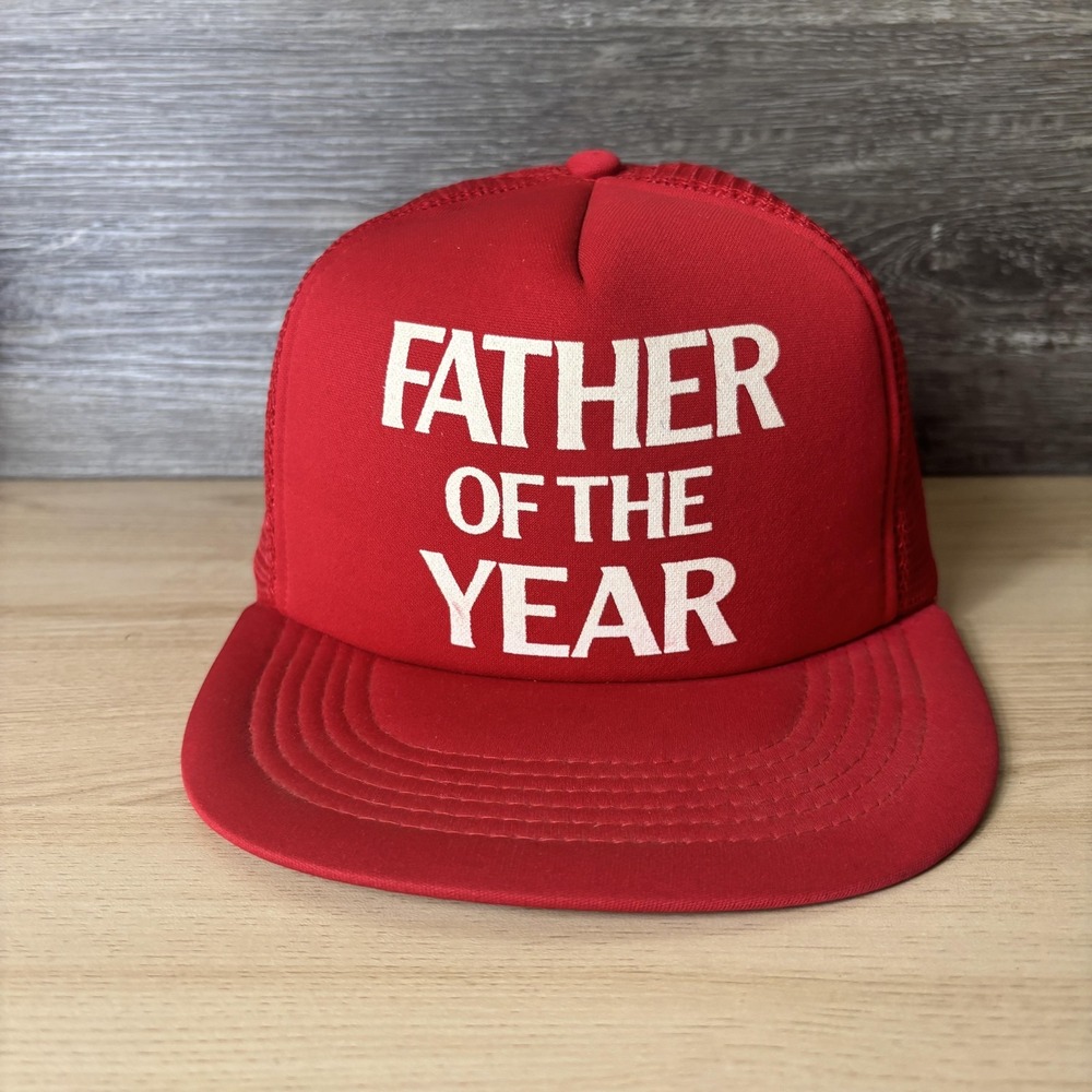 Vintage Father of the Year Hat Cap Snap Back Red White Mesh Trucker